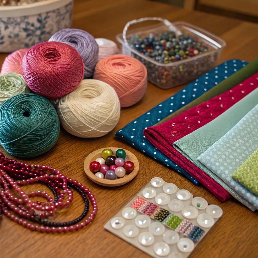 Assorted handicraft supplies including yarn, beads, and fabrics